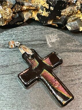 🌑Colorful Dichroic Glass Cross Silver Tone Pendant🌑